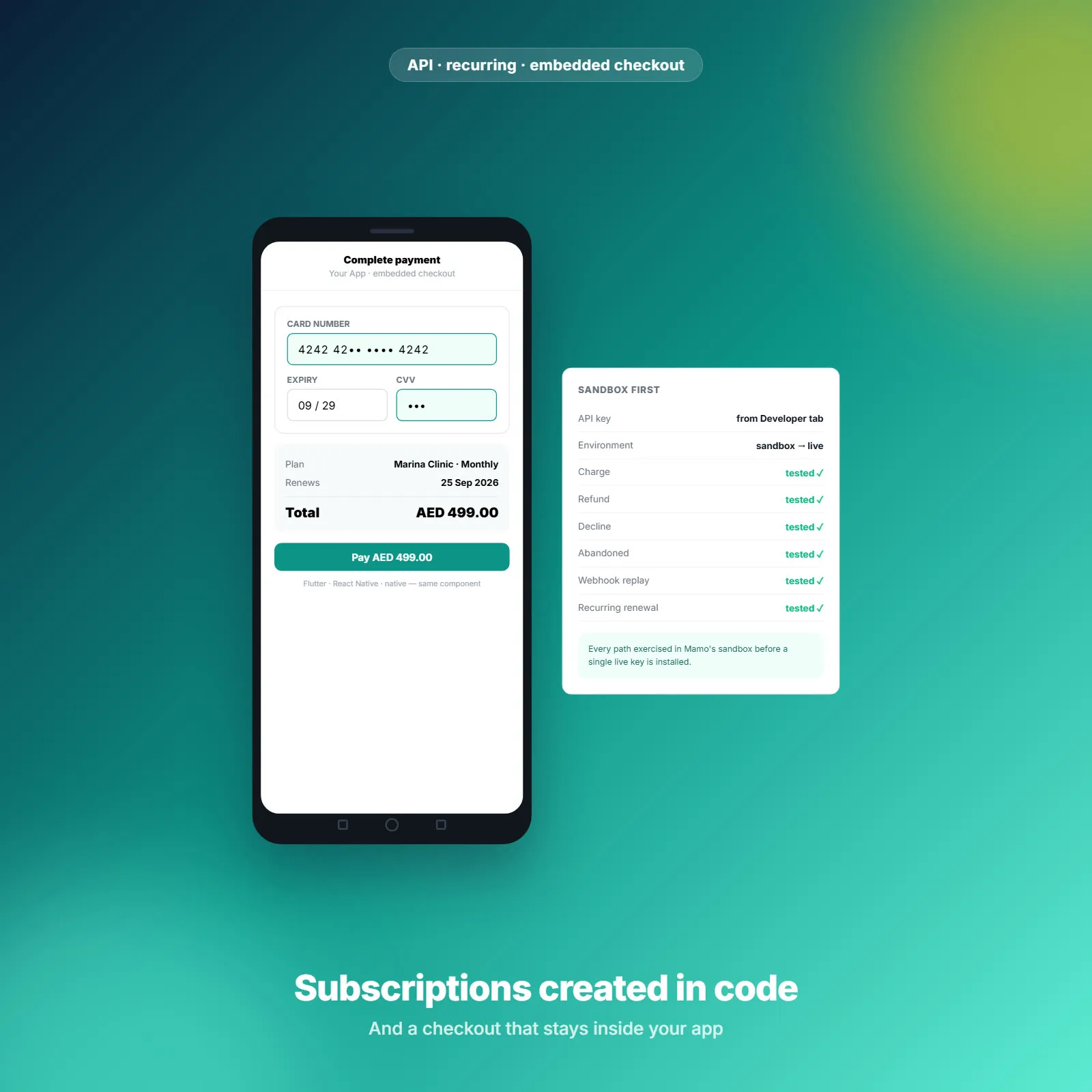 تكامل Mamo Pay (الإمارات) — روابط دفع ودفع عبر الواجهة البرمجية وفوترة متكررة 2