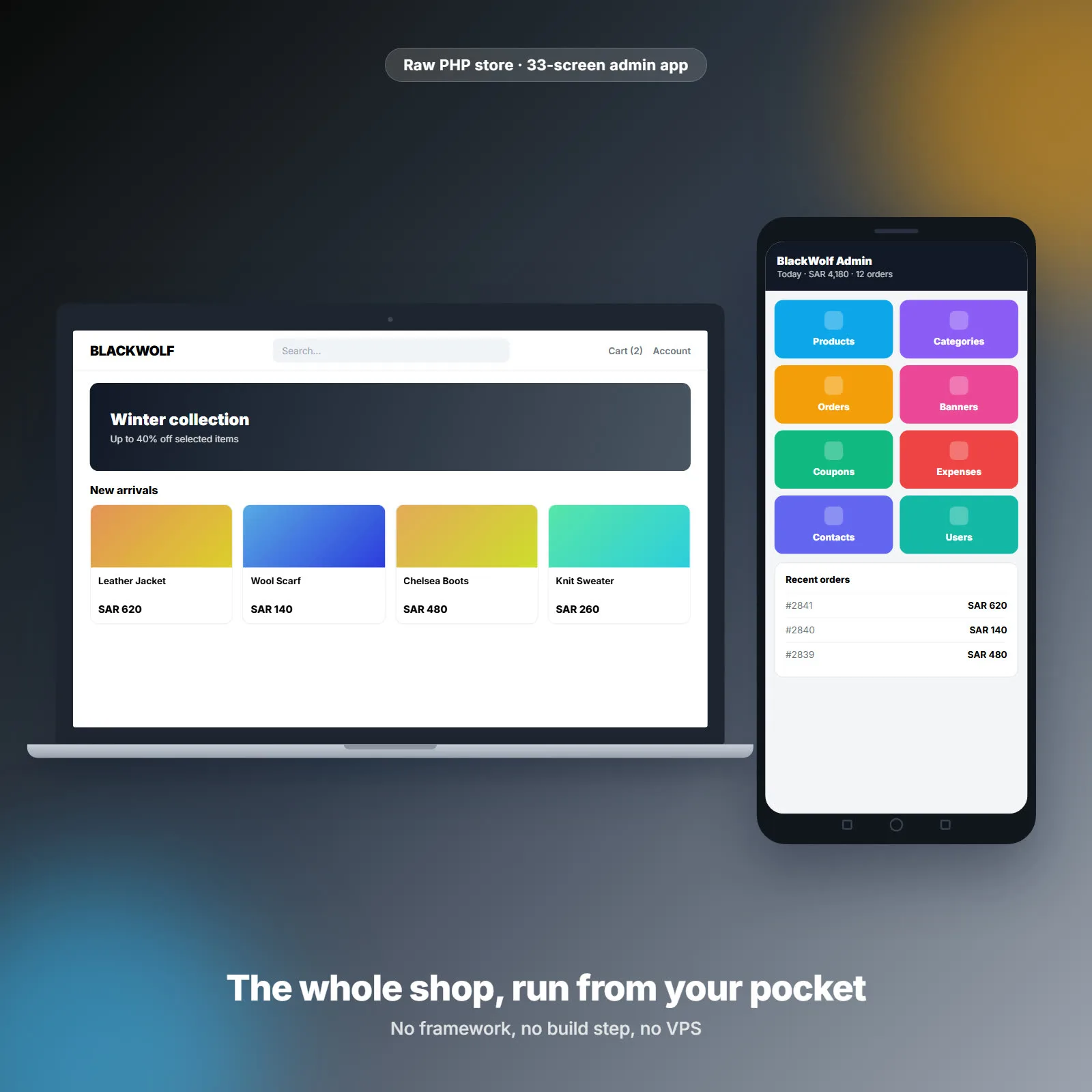 BlackWolf — متجر PHP خالص مع تطبيق إدارة أندرويد من 33 شاشة