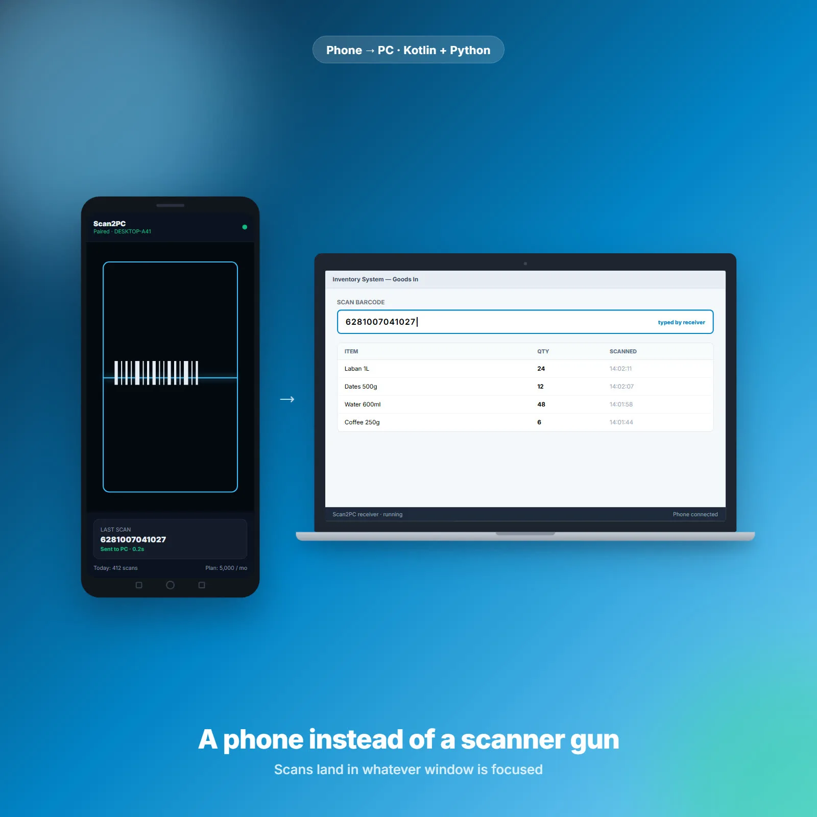 Scan2PC — ماسح باركود بالهاتف مع مستقبِل للحاسوب وفوترة اشتراكات