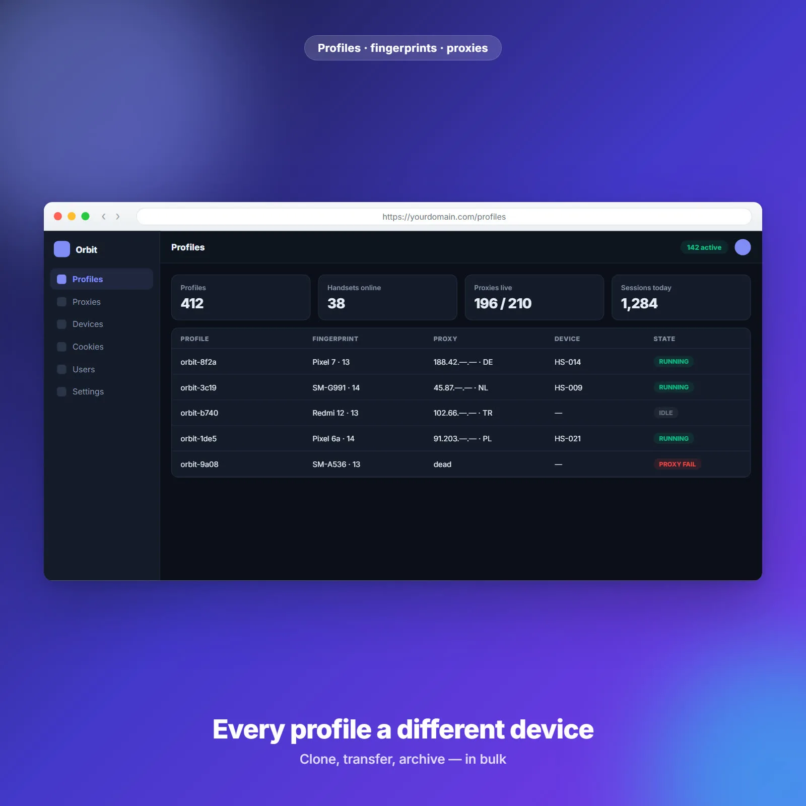 Orbit — مدير ملفات متصفح مضاد للكشف (لوحة Laravel وتطبيق أندرويد)