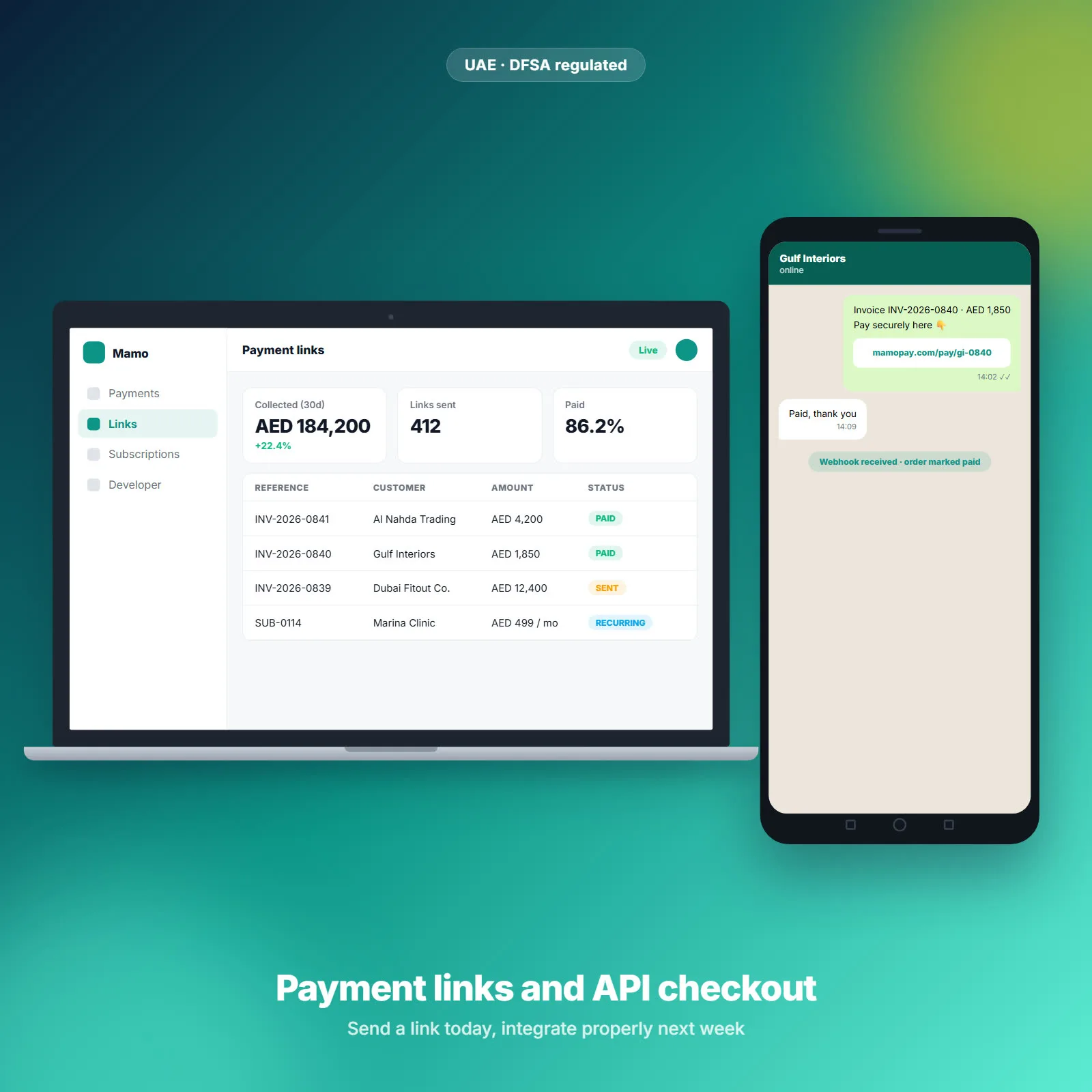 تكامل Mamo Pay (الإمارات) — روابط دفع ودفع عبر الواجهة البرمجية وفوترة متكررة